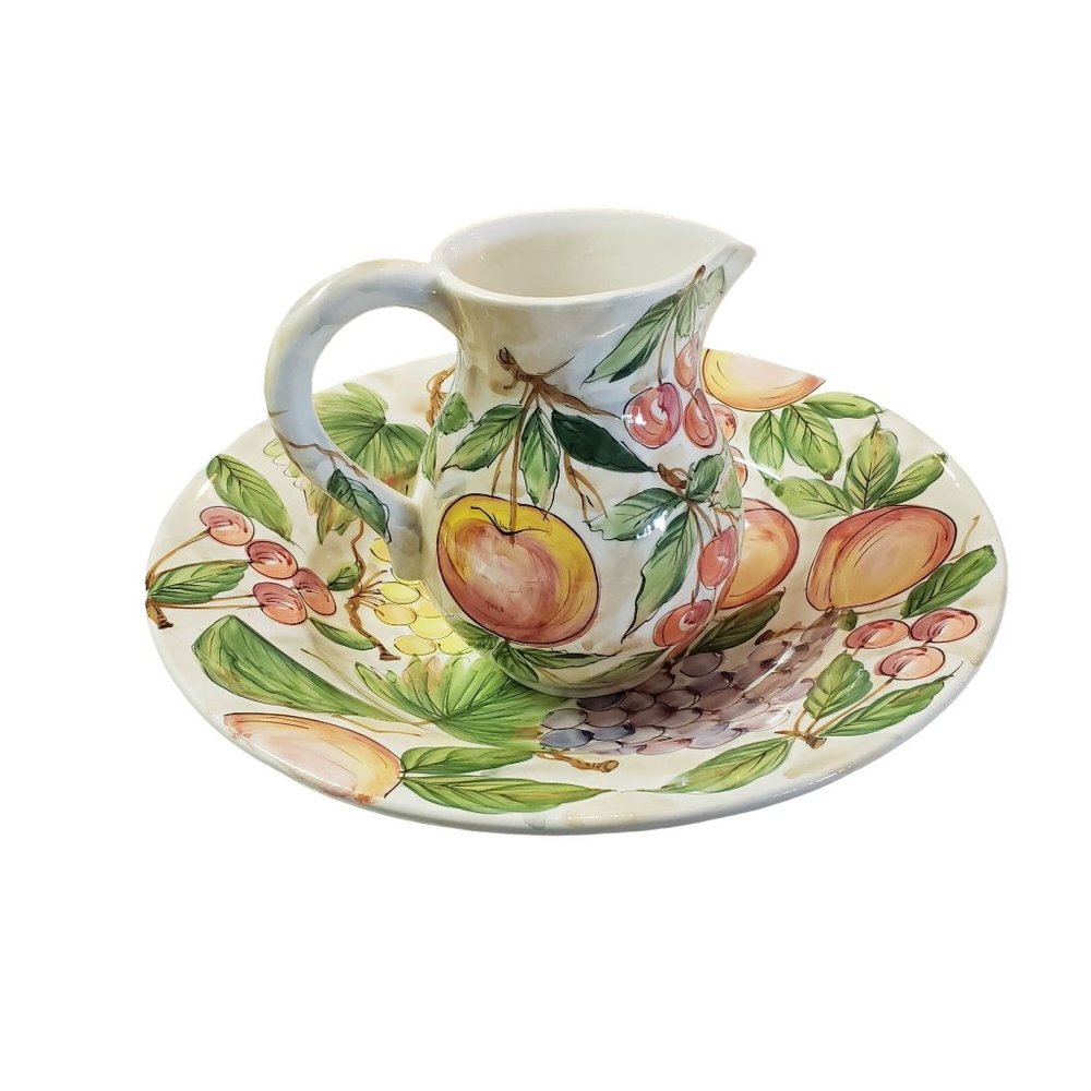 Vintage ANCORA Pottery Pitcher and Bowl Made in Italy‎ Hand Painted Fruit